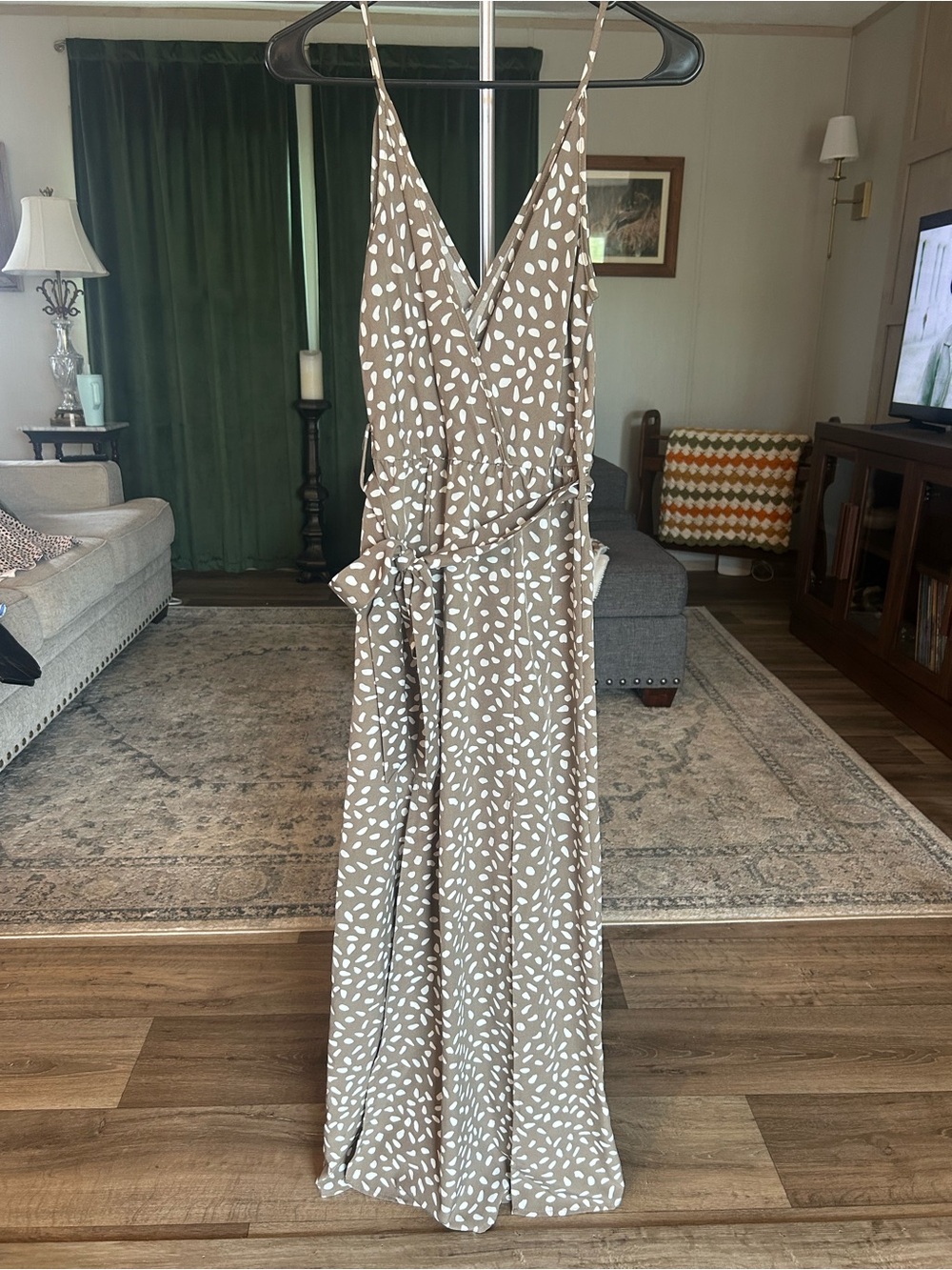 SHEIN Taupe Wrap Jumpsuit with White Spot Print